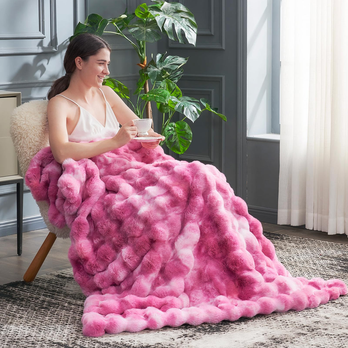 Cozy Bliss faux fur throw inside fleece adds silky warmth and durability