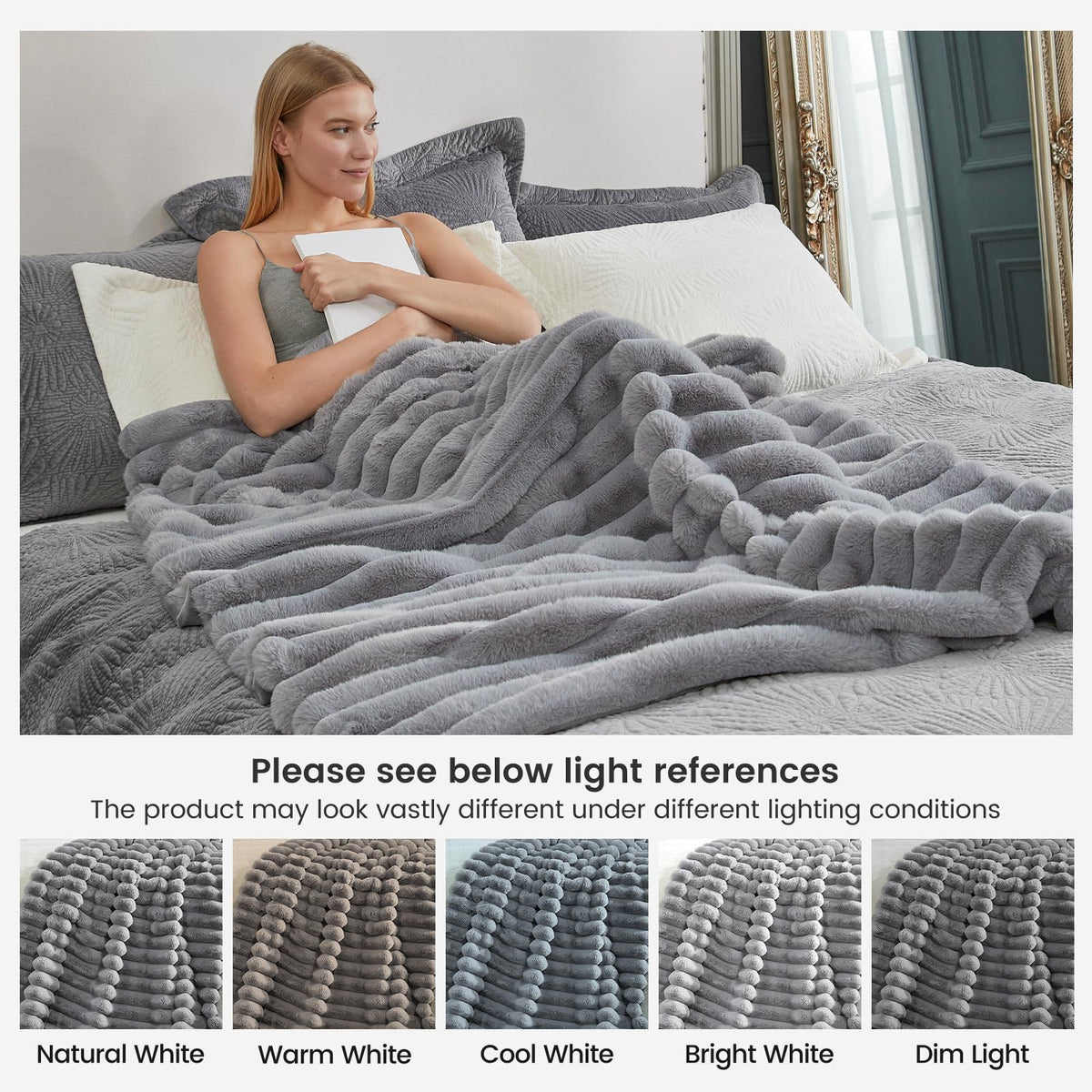 Cozy Bliss gray faux fur blanket complements neutral decor.