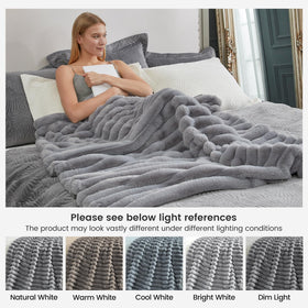 Cozy Bliss gray faux fur blanket complements neutral decor.