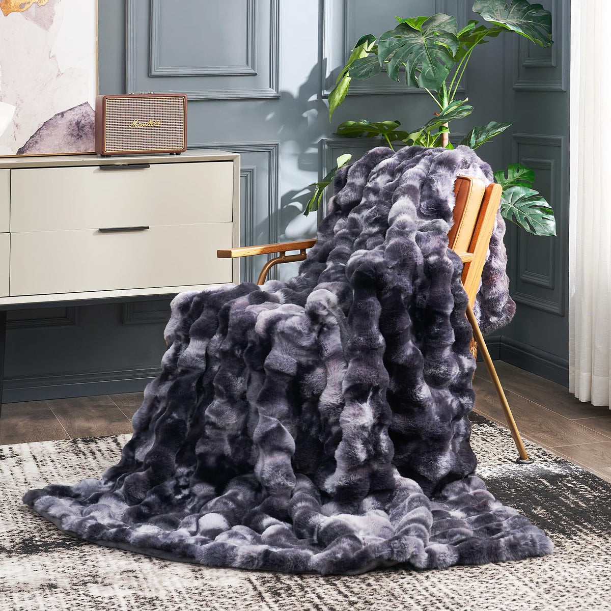 Cozy Bliss faux fur throw on sofa adds warmth and a luxe look