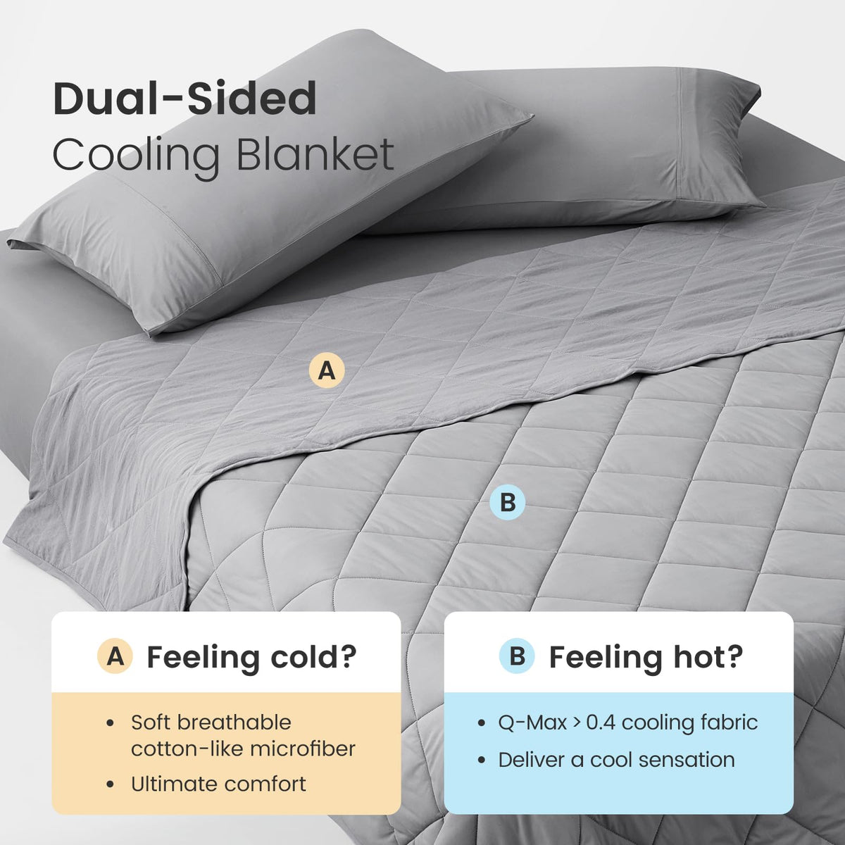 Cozy Bliss glacial-grey blanket shows dual-sided cooling and warmth.