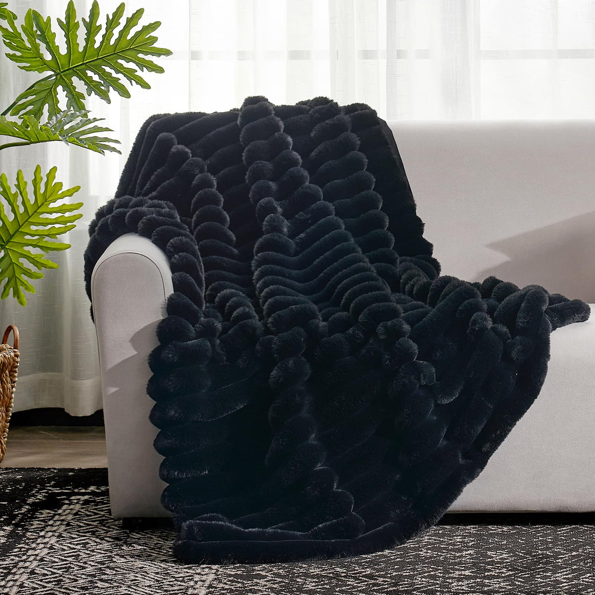 Cozy Bliss plush striped blanket closeup highlights soft texture.