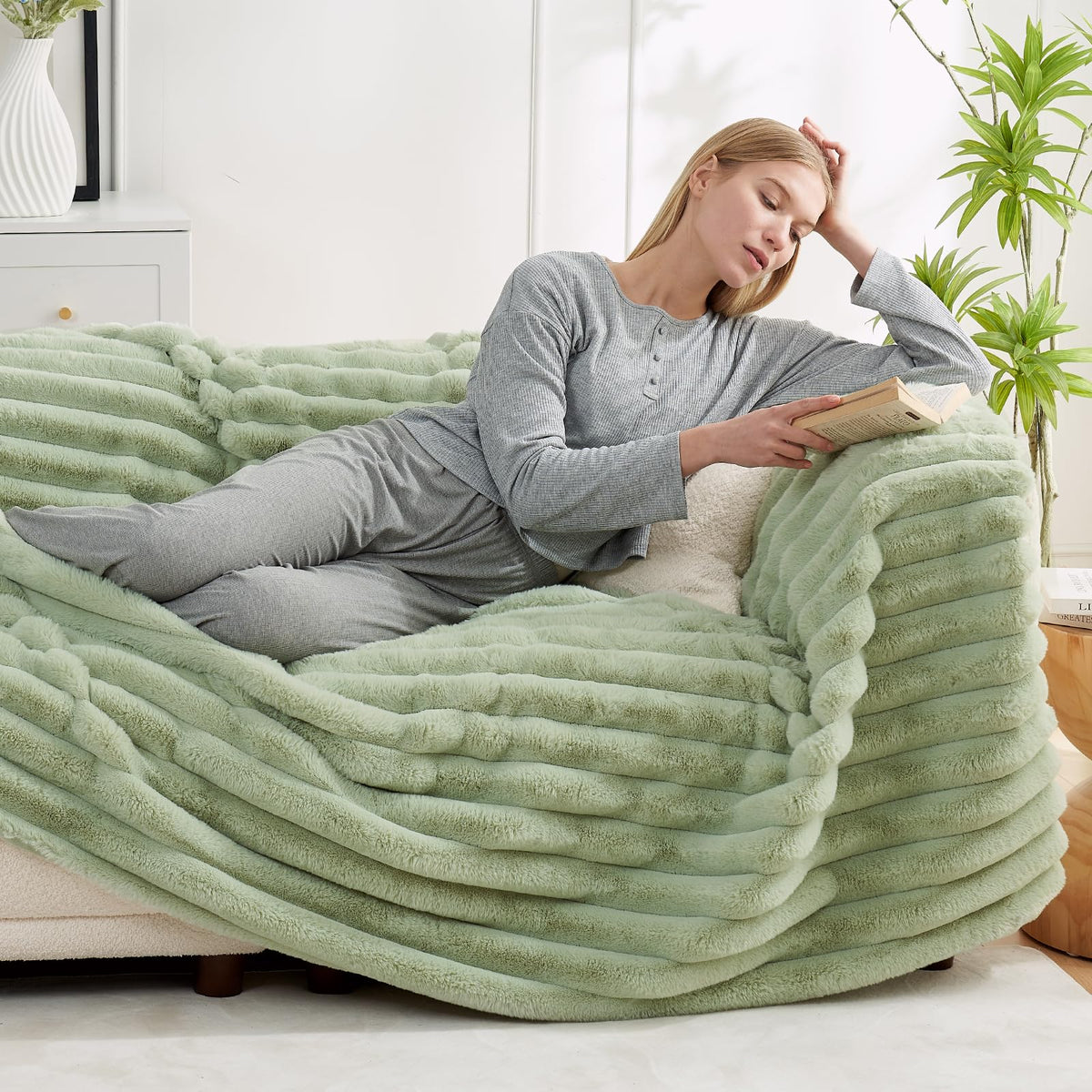 Cozy Bliss plush striped throw blanket adds texture to living room seating