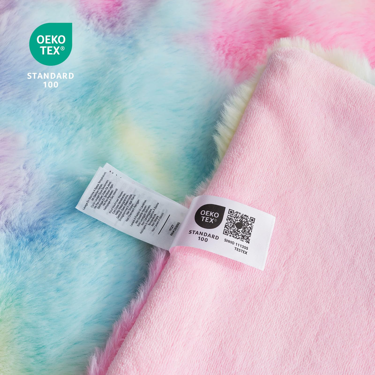 Cozy Bliss tie-dye rainbow appearance adds colorful decor accent to bedrooms.