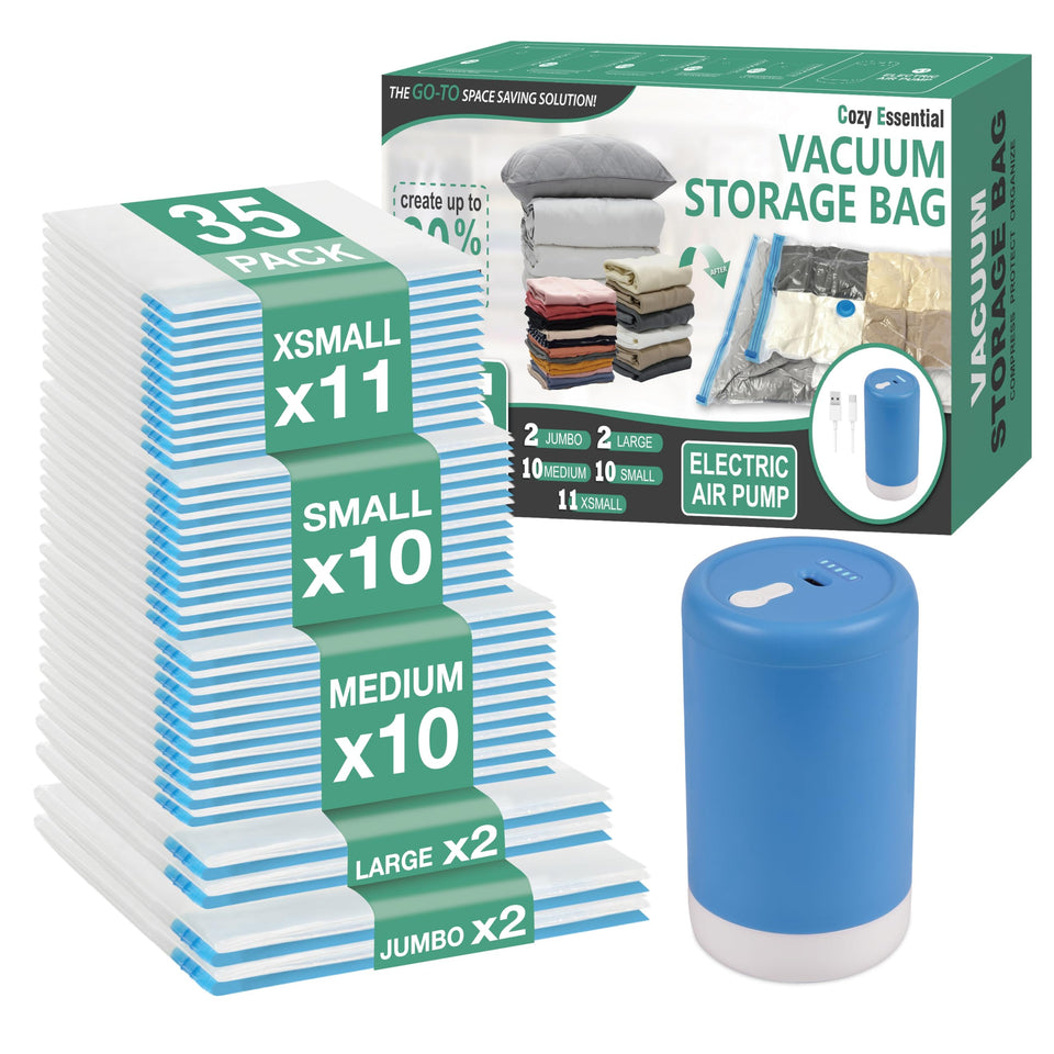 Cozy Essential travel vacuum bag with compact pump in use for space-saving packing.
