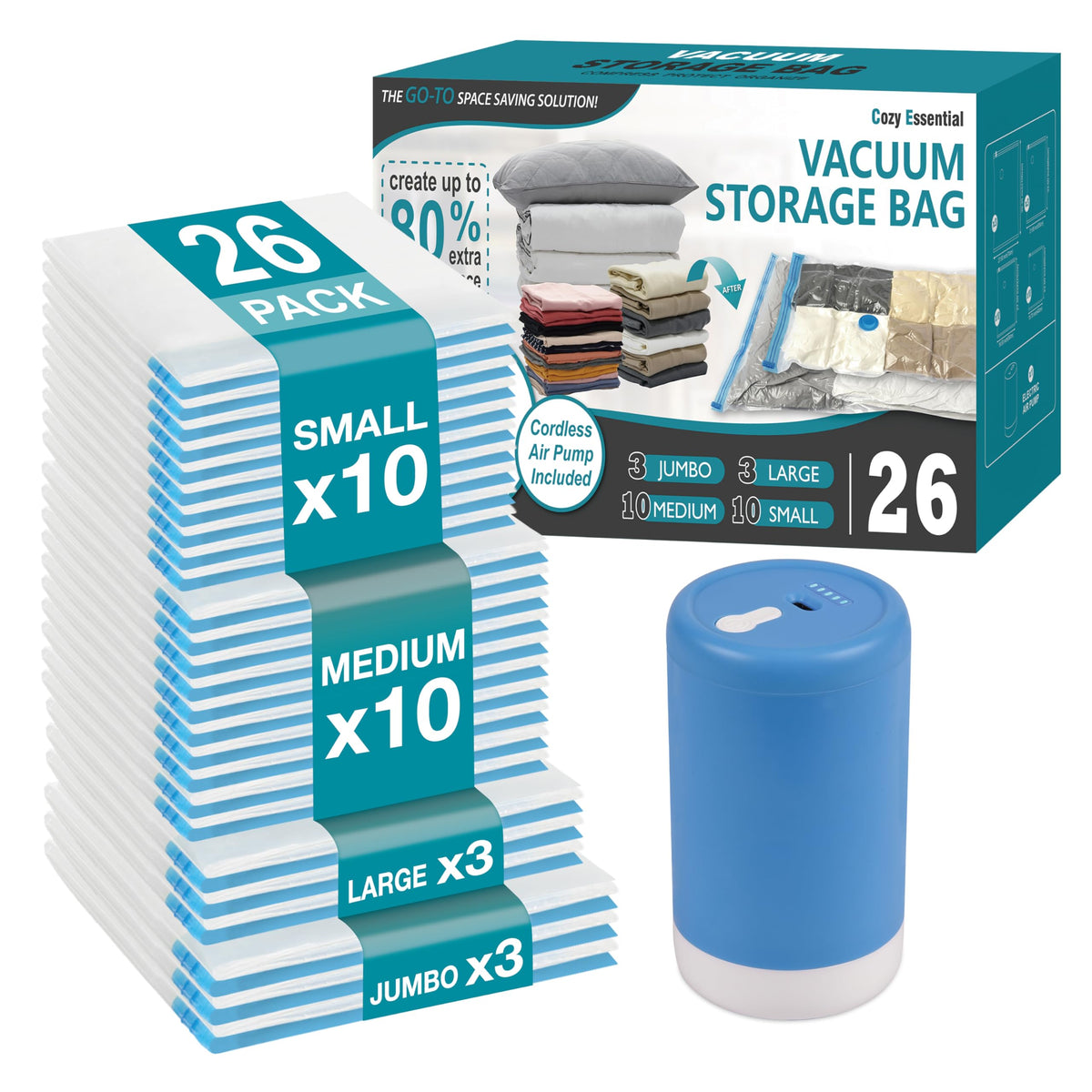Cozy Essential travel vacuum bags with cordless pump for quick packing