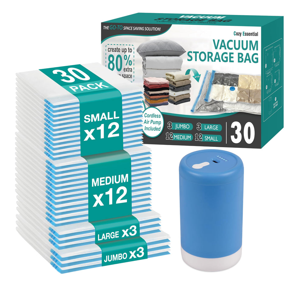 Cozy Essential travel vacuum bags with cordless pump in use for fast compression.
