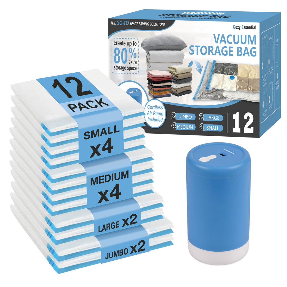 Cozy Essential travel vacuum bags with pump show compact packing for clothes.