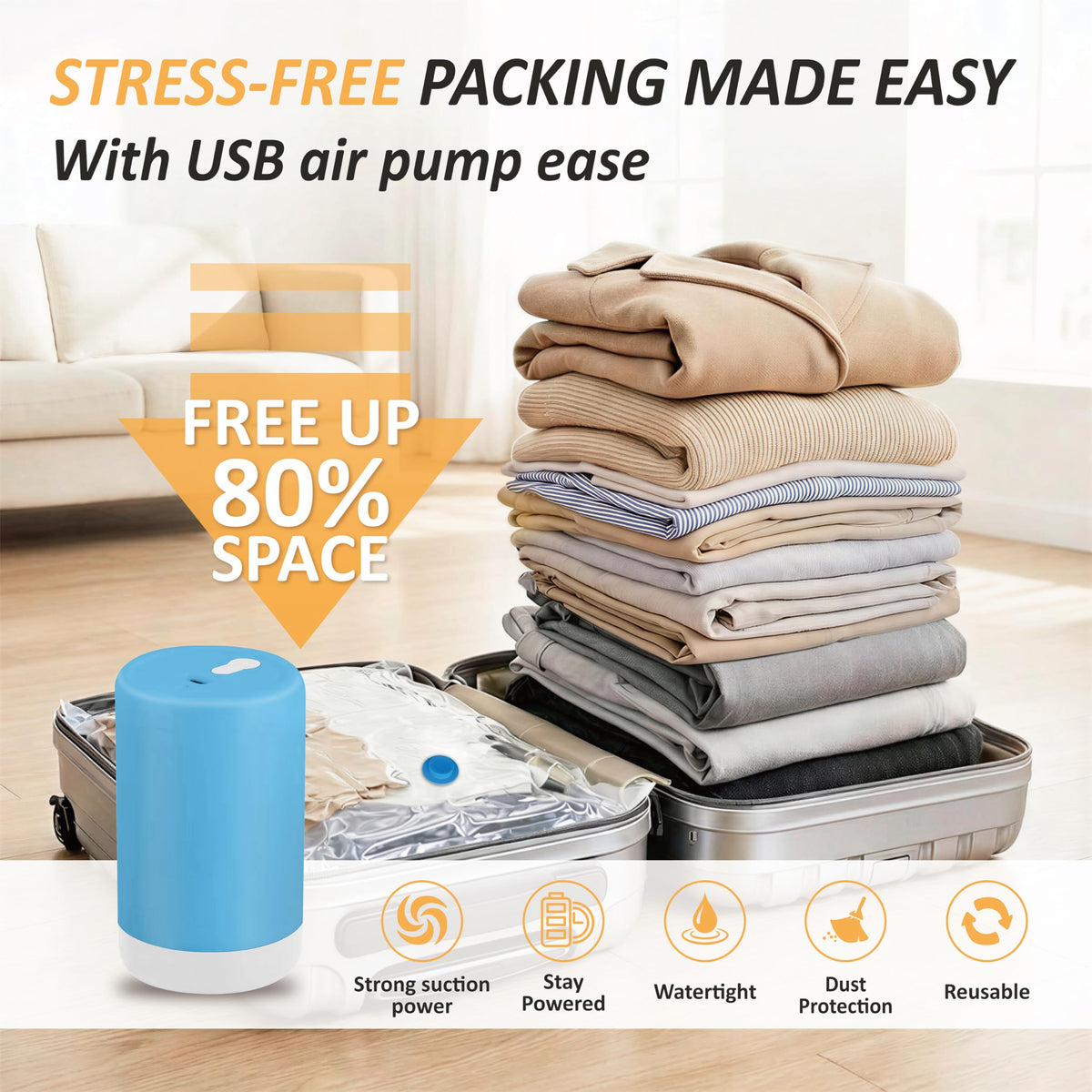 Cozy Essential vacuum bags demonstrate up to 80% compression for more luggage space.
