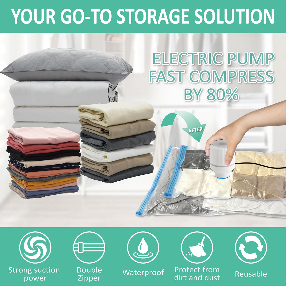 Cozy Essential vacuum seal bags protecting clothing from dust and moisture.
