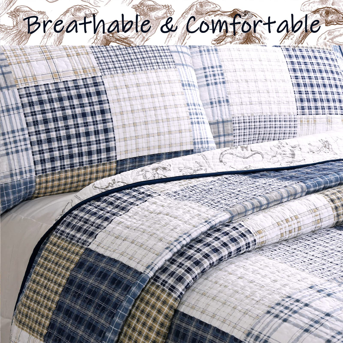 Benjamin dinosaur quilt twin offers breathable cotton ideal for naps and night sleep.