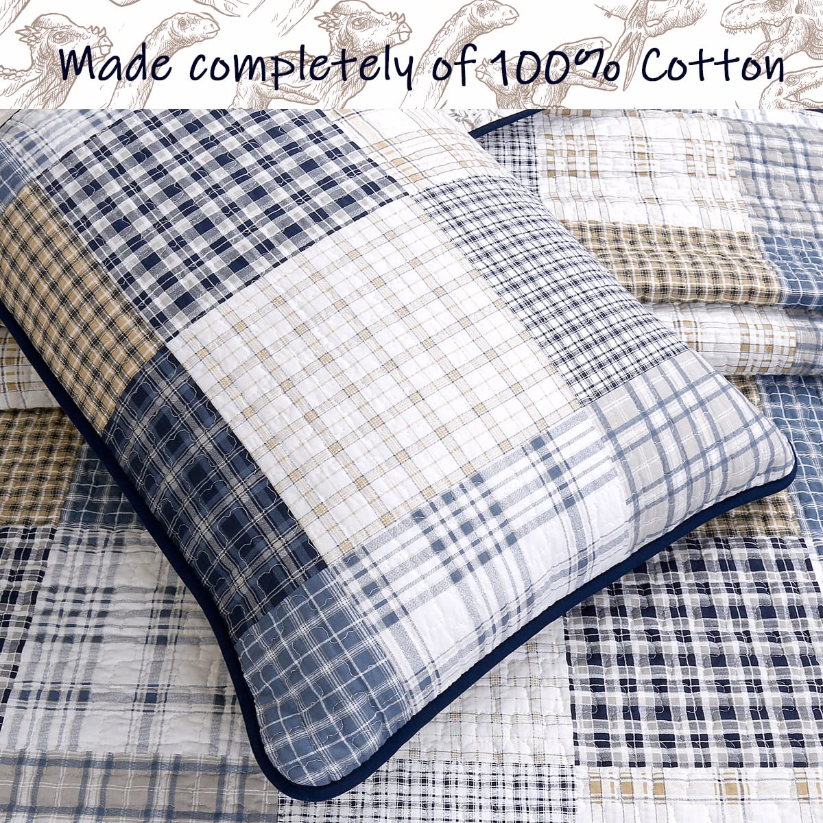 Benjamin dinosaur quilt uses 100% cotton outer fabric for softness and comfort.