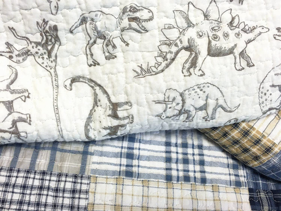 Cozy Line Benjamin dinosaur quilt twin with navy plaid for breathable cotton comfort.