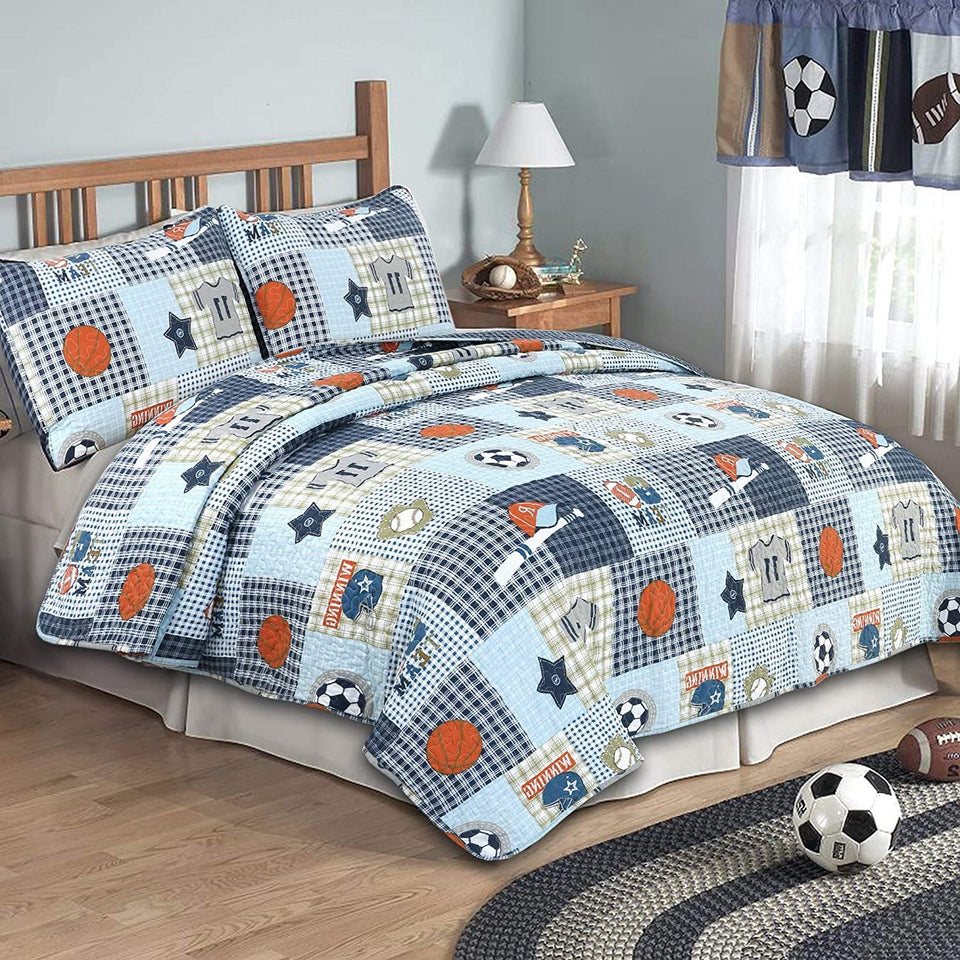 Cozy Line Blue Sports Quilt with baseball design for boys' twin beds