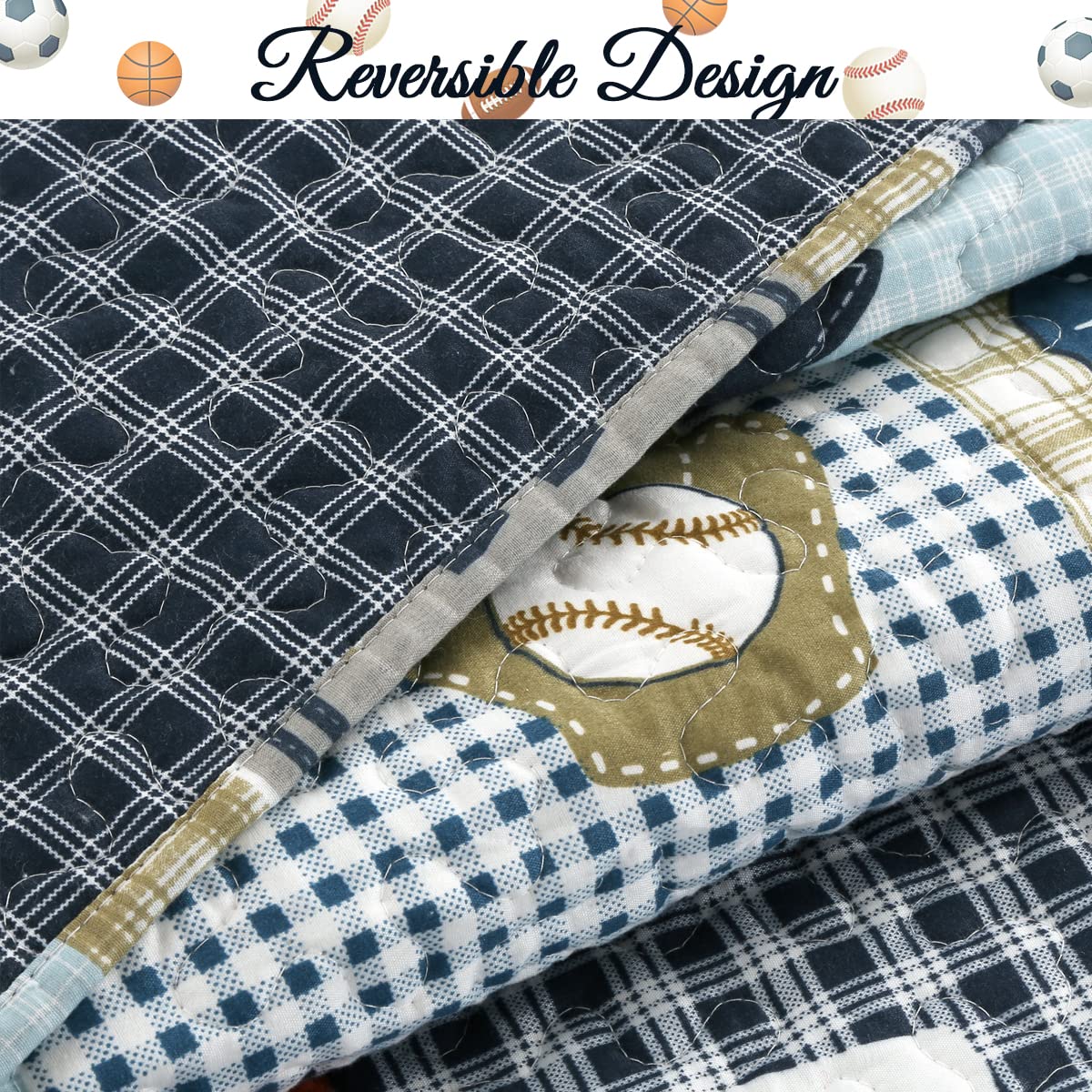 Cozy Line Blue Sports Quilt reversible print and solid option for easy styling