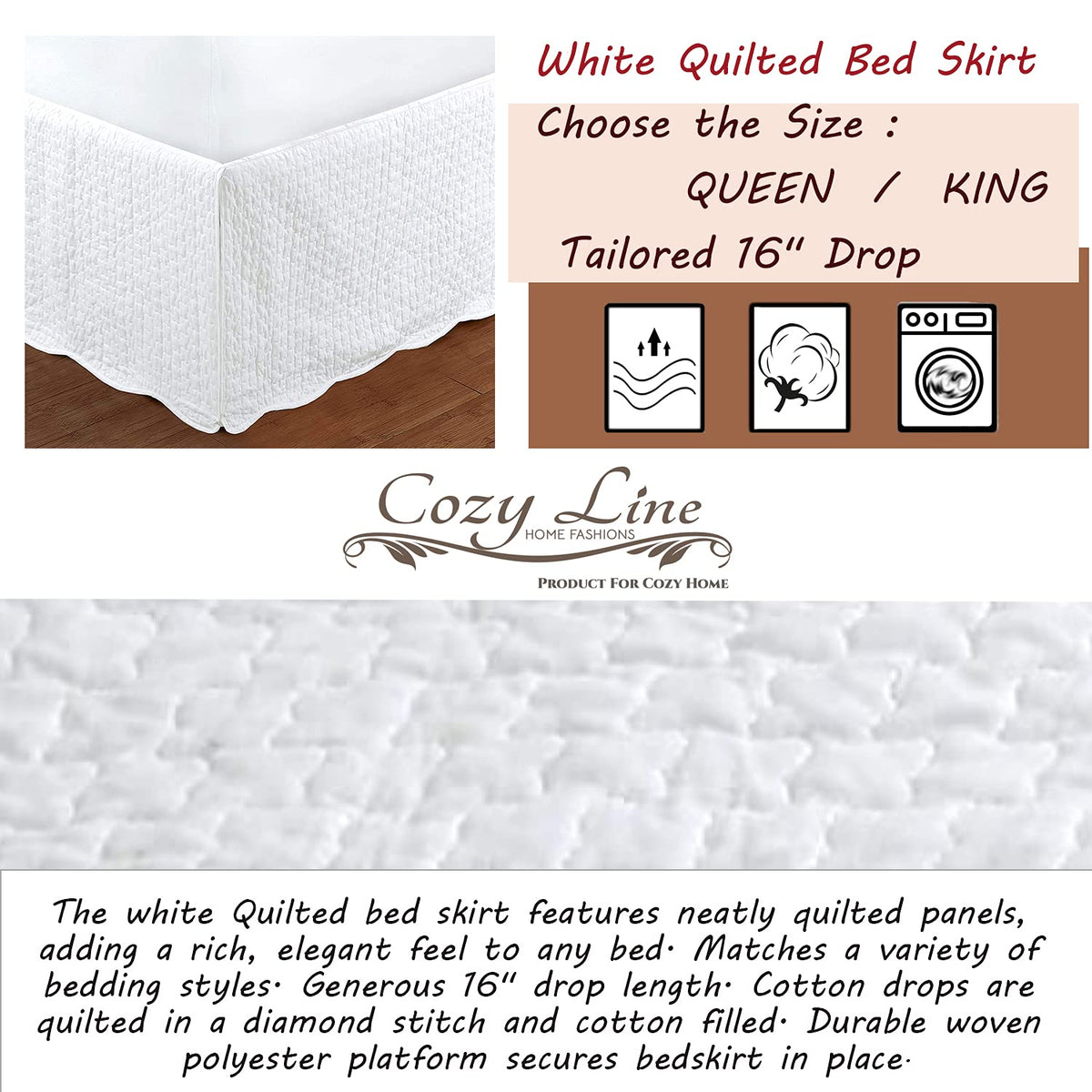 Cozy Line bed skirt displays diamond stitch quilting for added texture.