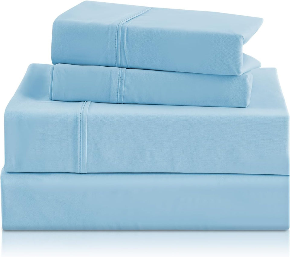 CozySmile breathable full sheet set in sky blue for cool, comfortable nights.