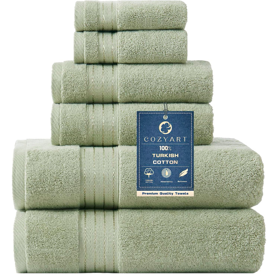 COZYART Sage Green Towel Set packaging highlights premium quality for gifting and display