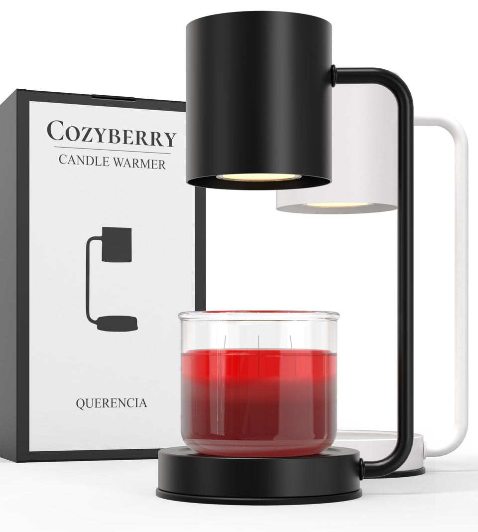 Cozyberry Querencia candle warmer lamp in black, front view showing modern design and safe operation