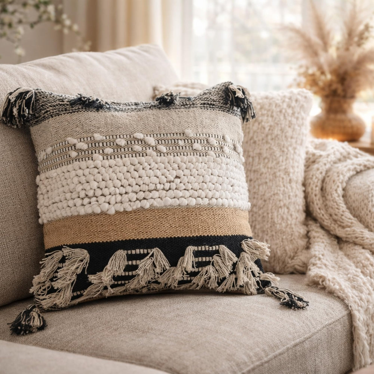 COZYDEKO Throw Boho Pillow Cover 18x18 adds cozy texture to sofas and chairs.
