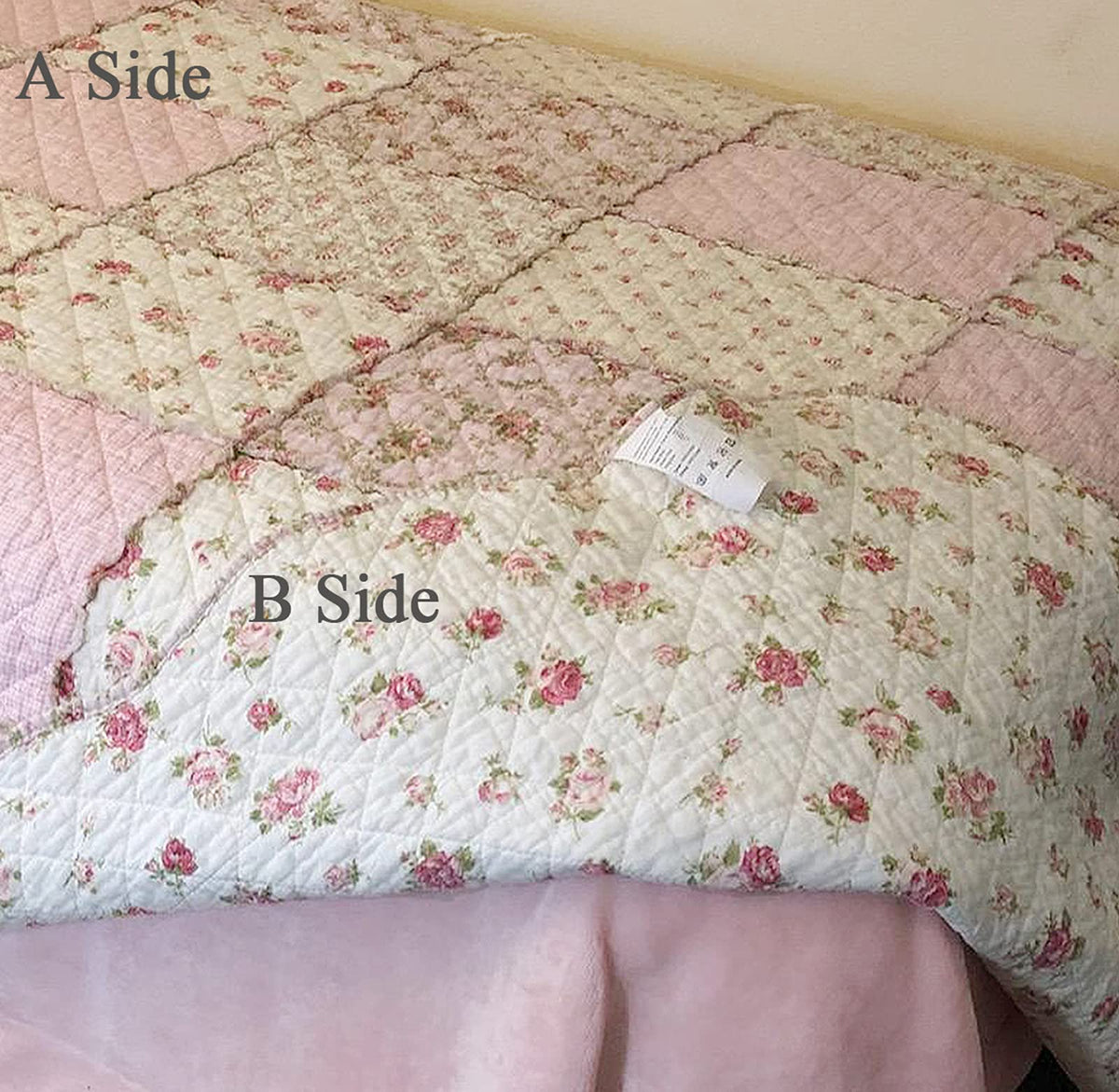 Cozyholy vintage floral patchwork on bed highlights cozy rustic charm.