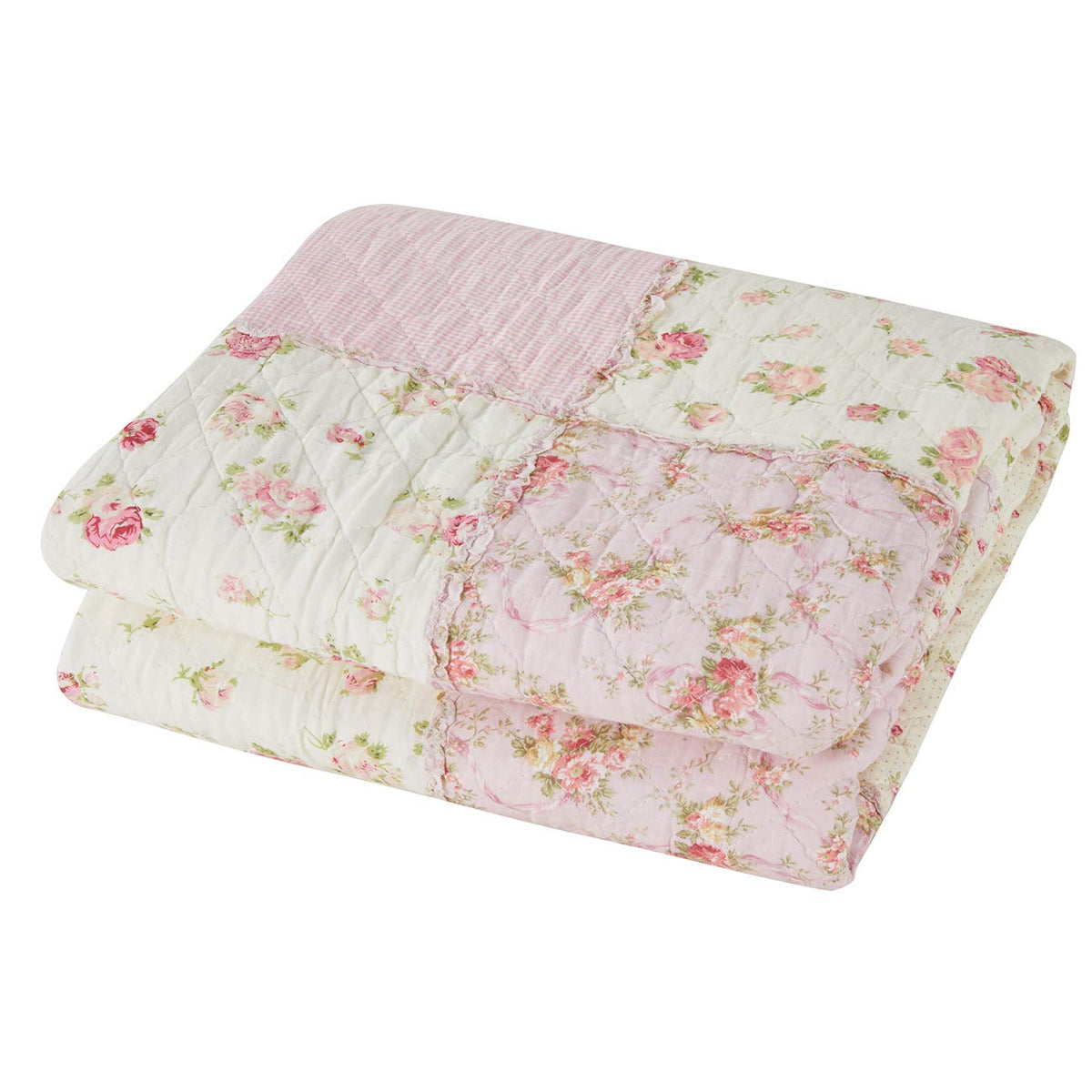 Cozyholy patchwork quilt folded to reveal different floral designs.
