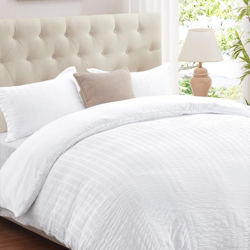 Cozyide white duvet cover with seersucker texture adds depth for a brighter bed
