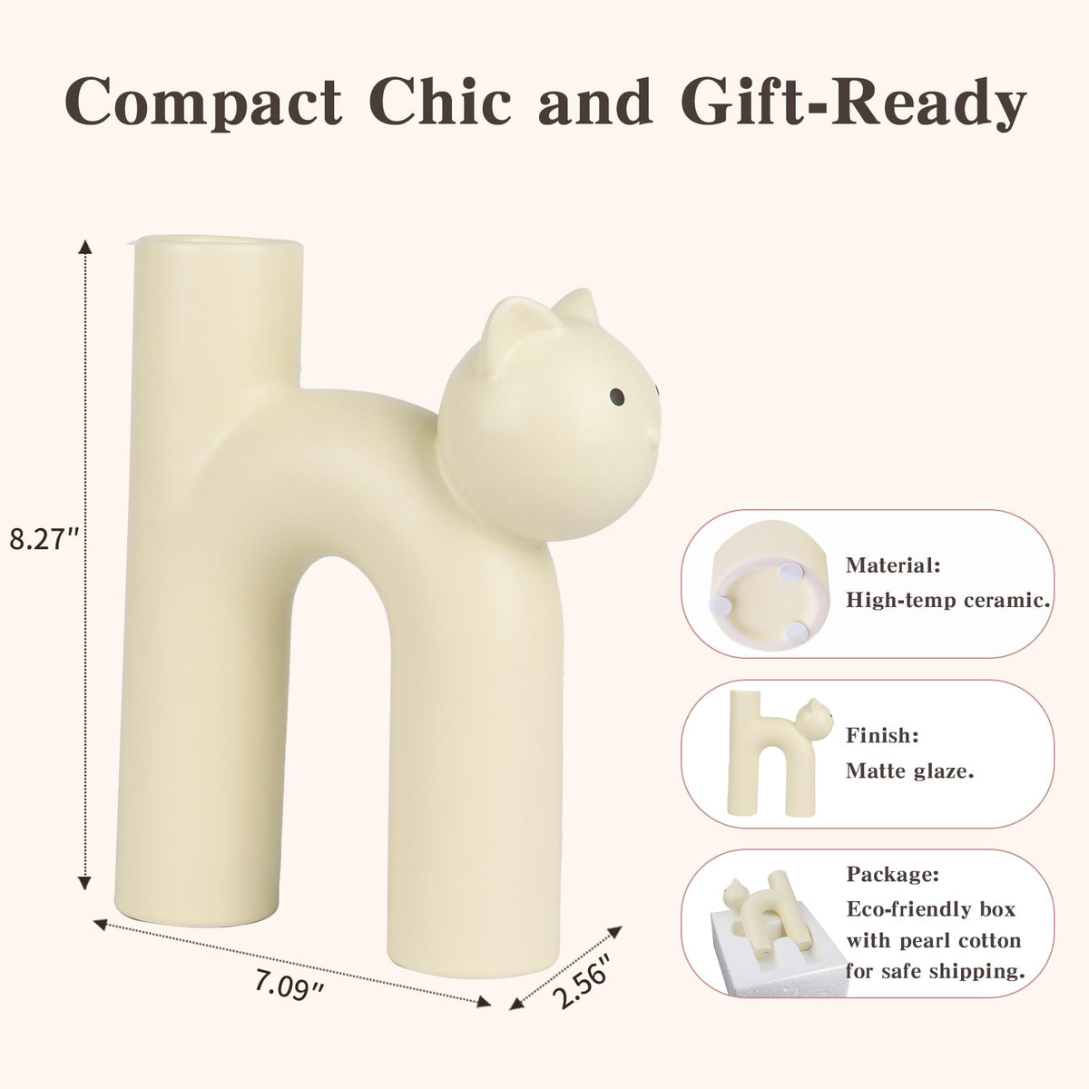 CozyKoala cat vase beige finish, handmade ceramic aesthetic for refined decor.