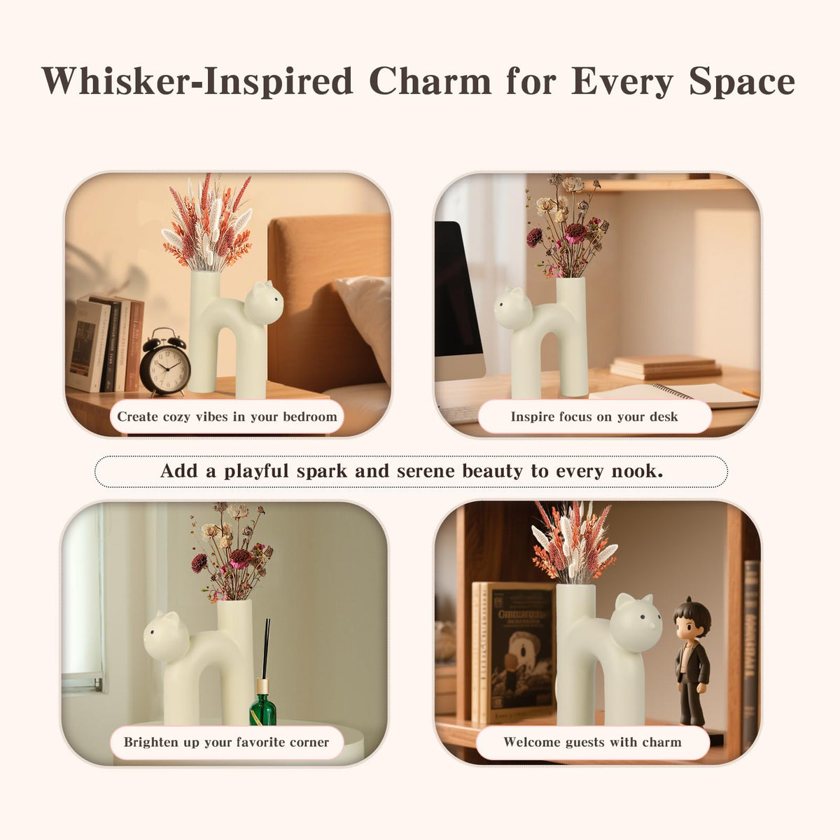 CozyKoala cat vase with dried flowers, ideal for long-lasting arrangements.