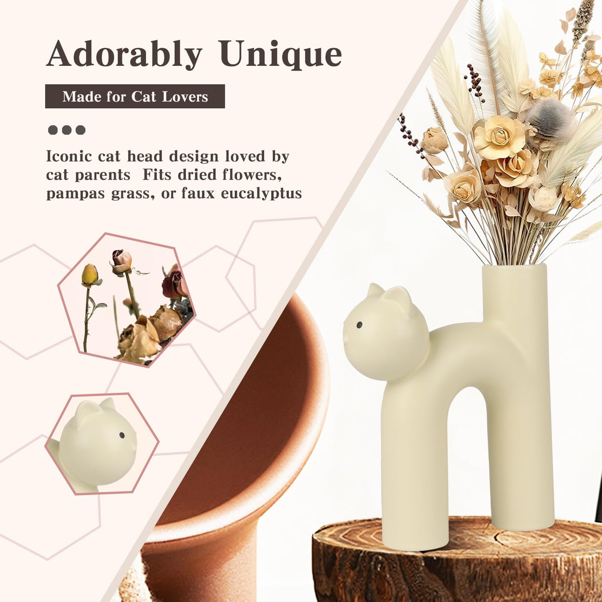 CozyKoala cat vase with pampas grass, adds texture to any room.