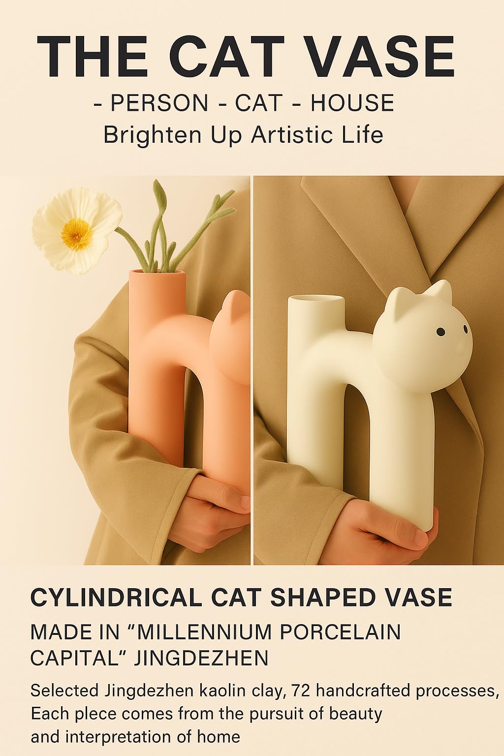 CozyKoala cat vase side view showing minimalist silhouette for modern interiors.
