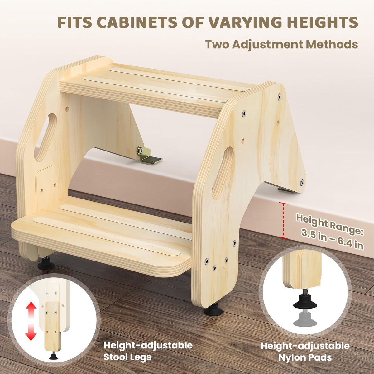 CozyLazy foldable step stool stowed under cabinet for compact storage