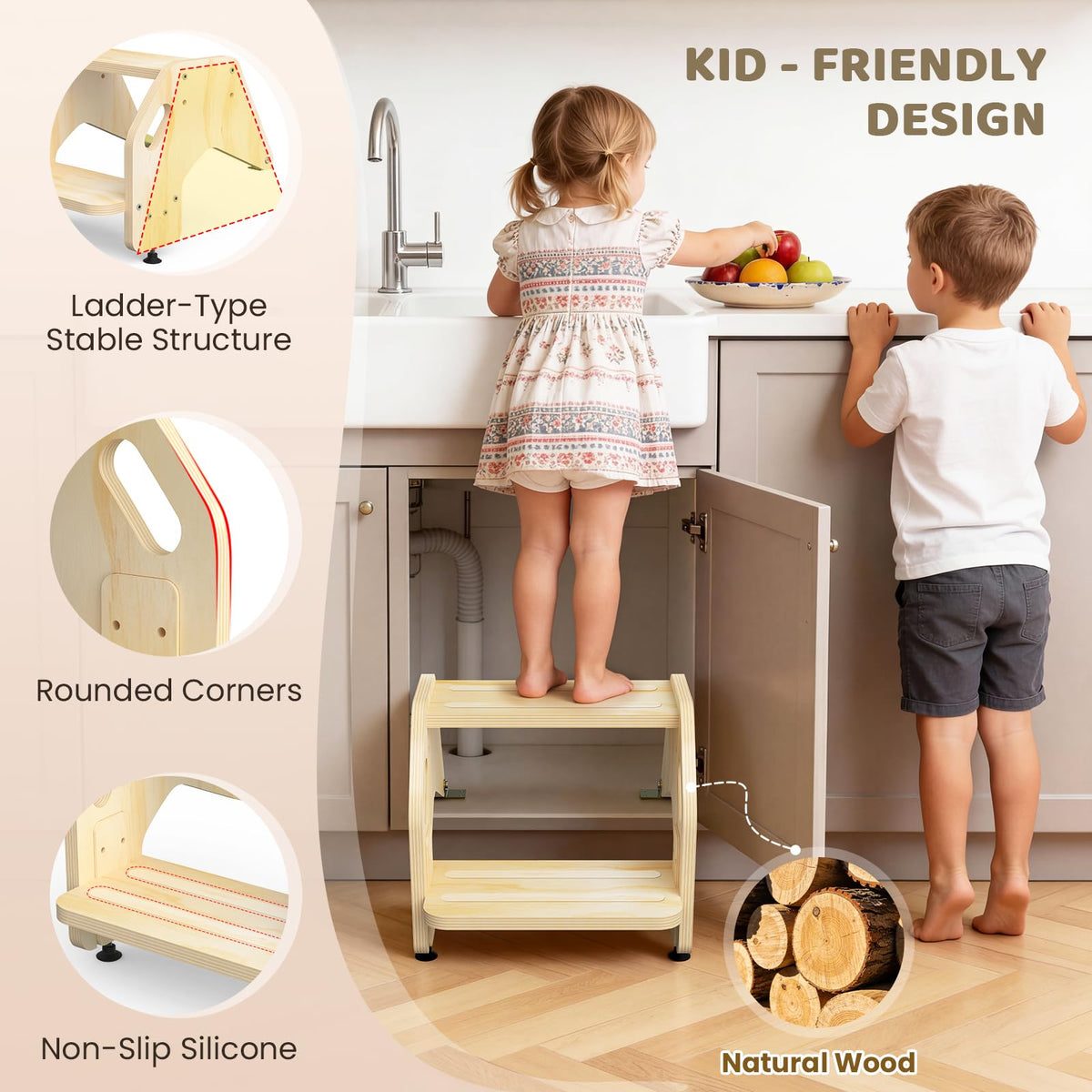 CozyLazy height-adjustable toddler step stool, side view for growing kids
