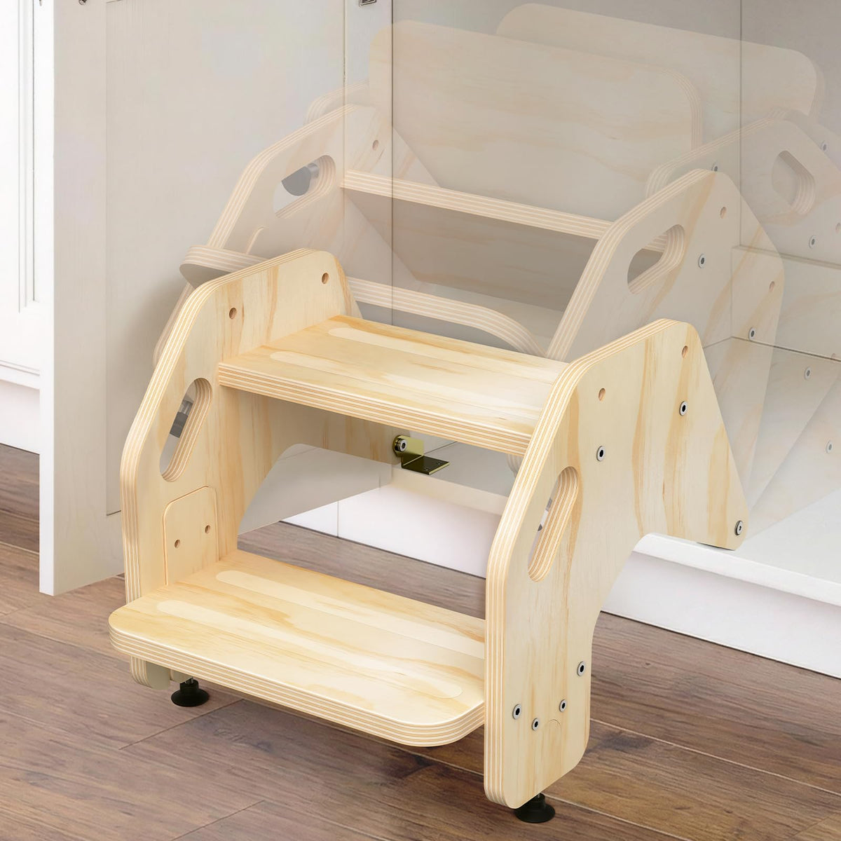 CozyLazy hidden toddler step stool in wood, front view, safe reach at the sink