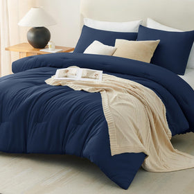 CozyLux all-season bedroom setup with navy tones