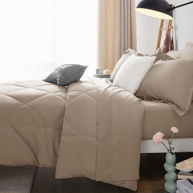 CozyLux all-season bed setup in khaki tones fits any decor.