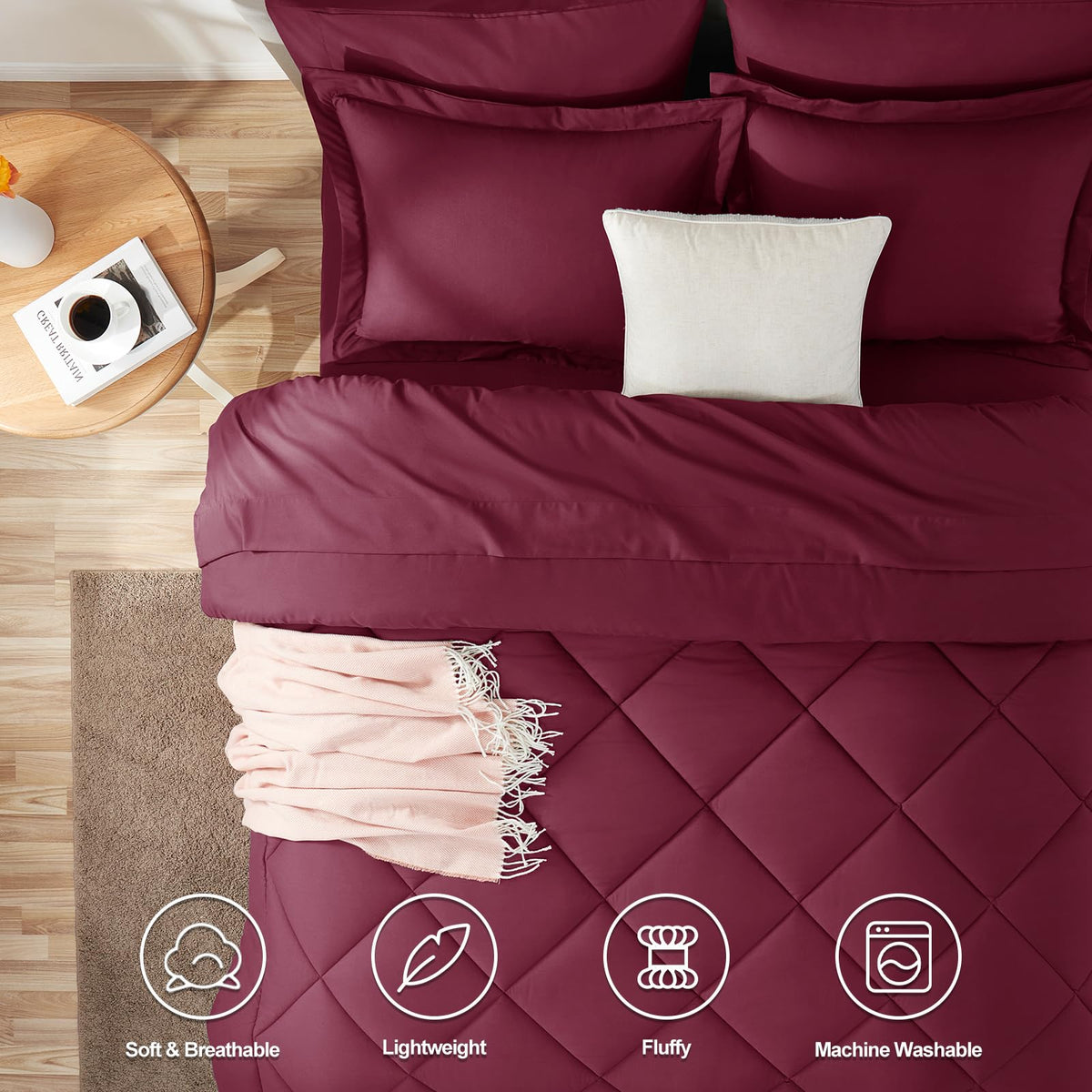 CozyLux bed-in-a-bag contents laid out, emphasizing complete king set for easy room makeover.