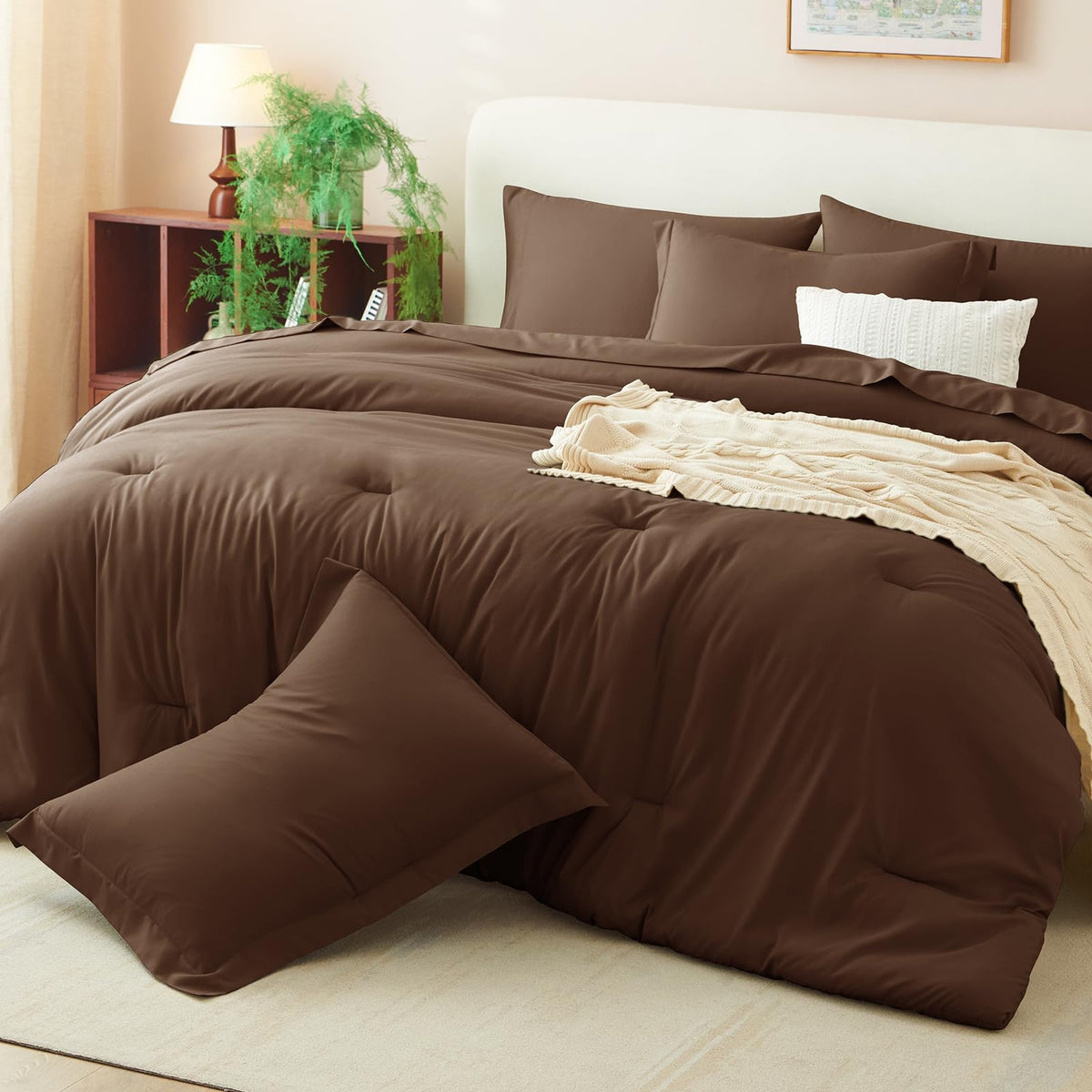 CozyLux brown bedding on a stylish modern bedroom for cozy ambience