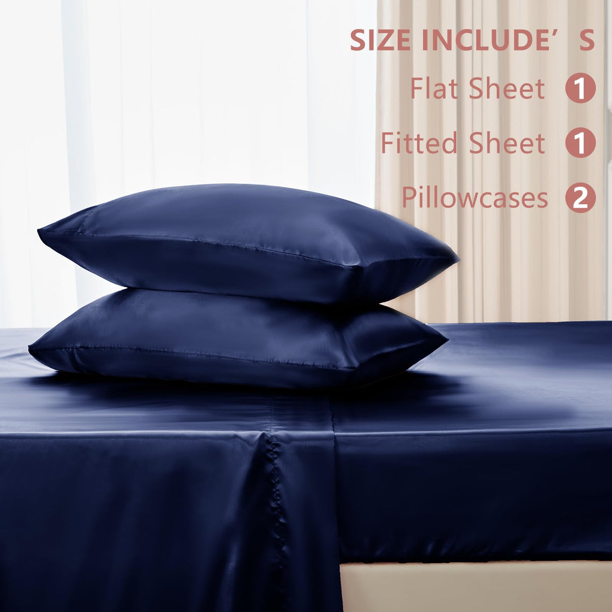 CozyLux bedroom scene with navy satin sheets; soft sheen elevates decor.