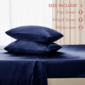 CozyLux bedroom scene with navy satin sheets; soft sheen elevates decor.