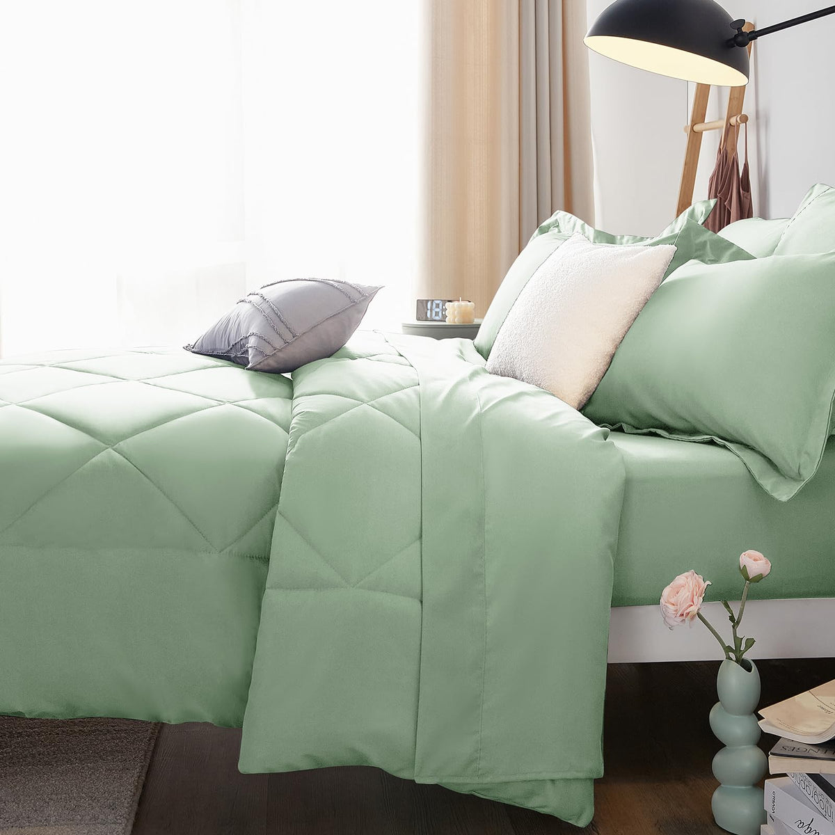 Sage green bedroom scene with CozyLux bed-in-a-bag inspires restful vibes