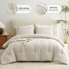 CozyLux beige king-size comforter set on bed demonstrates all-season warmth
