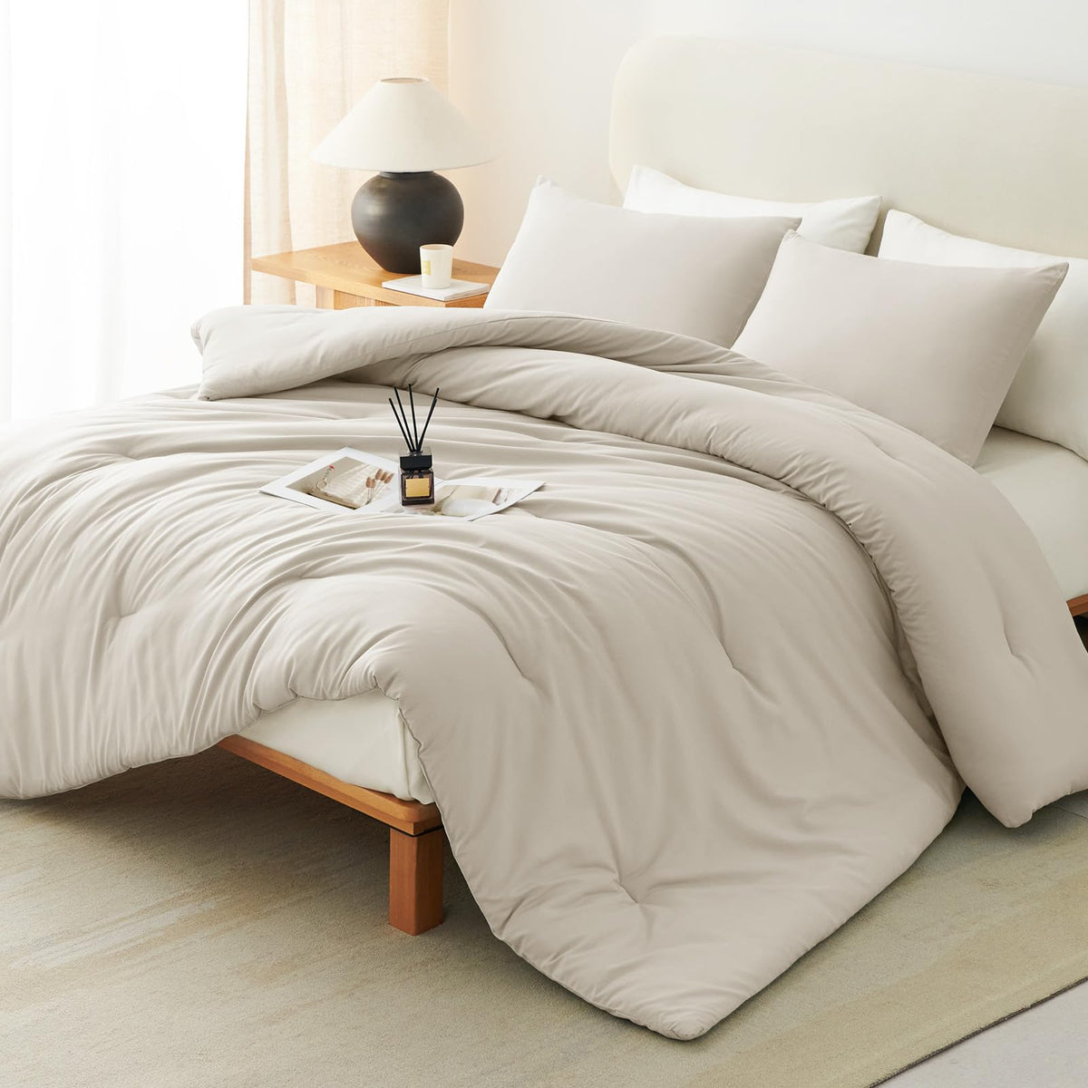 CozyLux beige king-size comforter set closeup shows premium stitching and cloud-soft texture