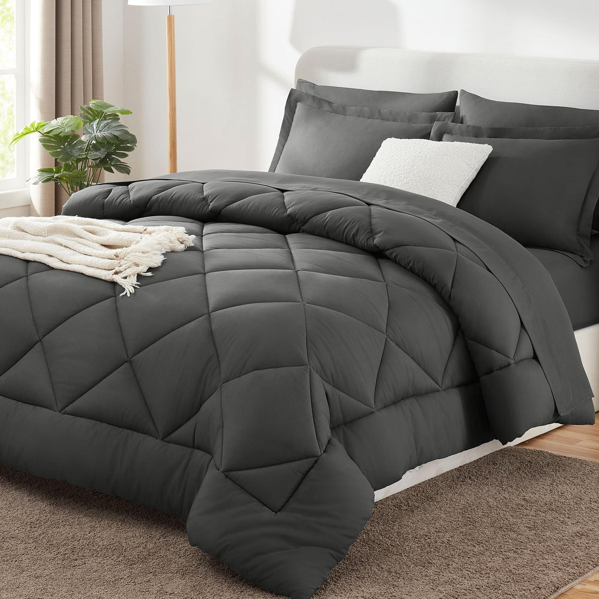 CozyLux California King comforter set in dark grey with soft microfiber for all-season comfort.