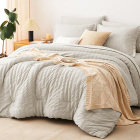 CozyLux California King comforter set in beige seersucker for all-season softness.