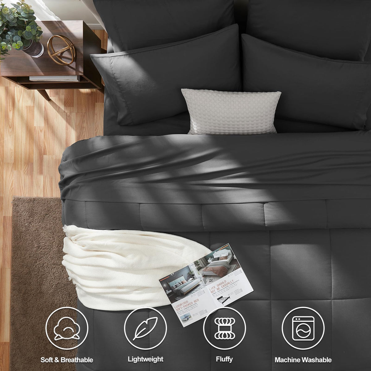 CozyLux quilted comforter in dark grey emphasizes stitching for durable warmth