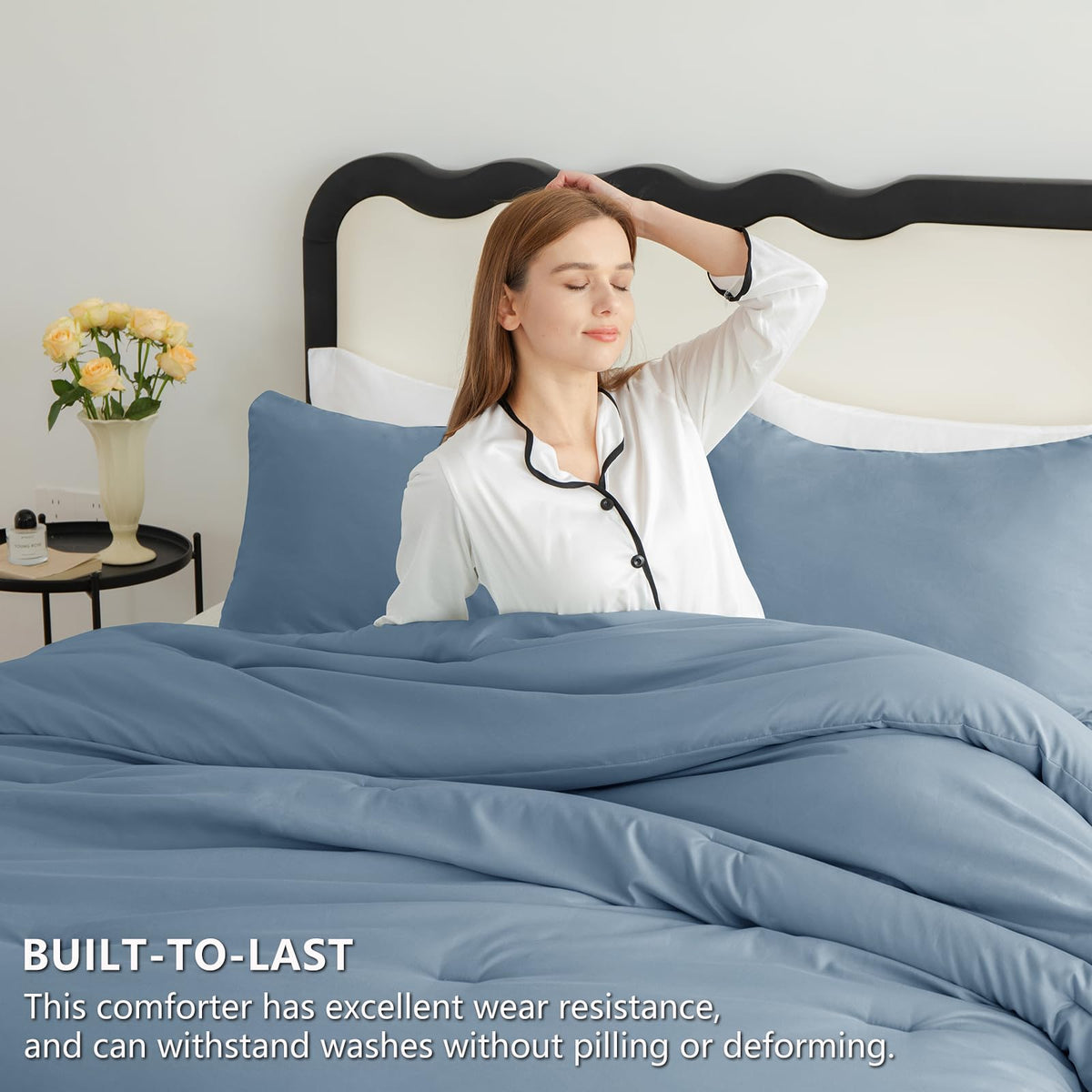 CozyLux dusty blue quilted bedding highlighting hidden stitching for secure fill.