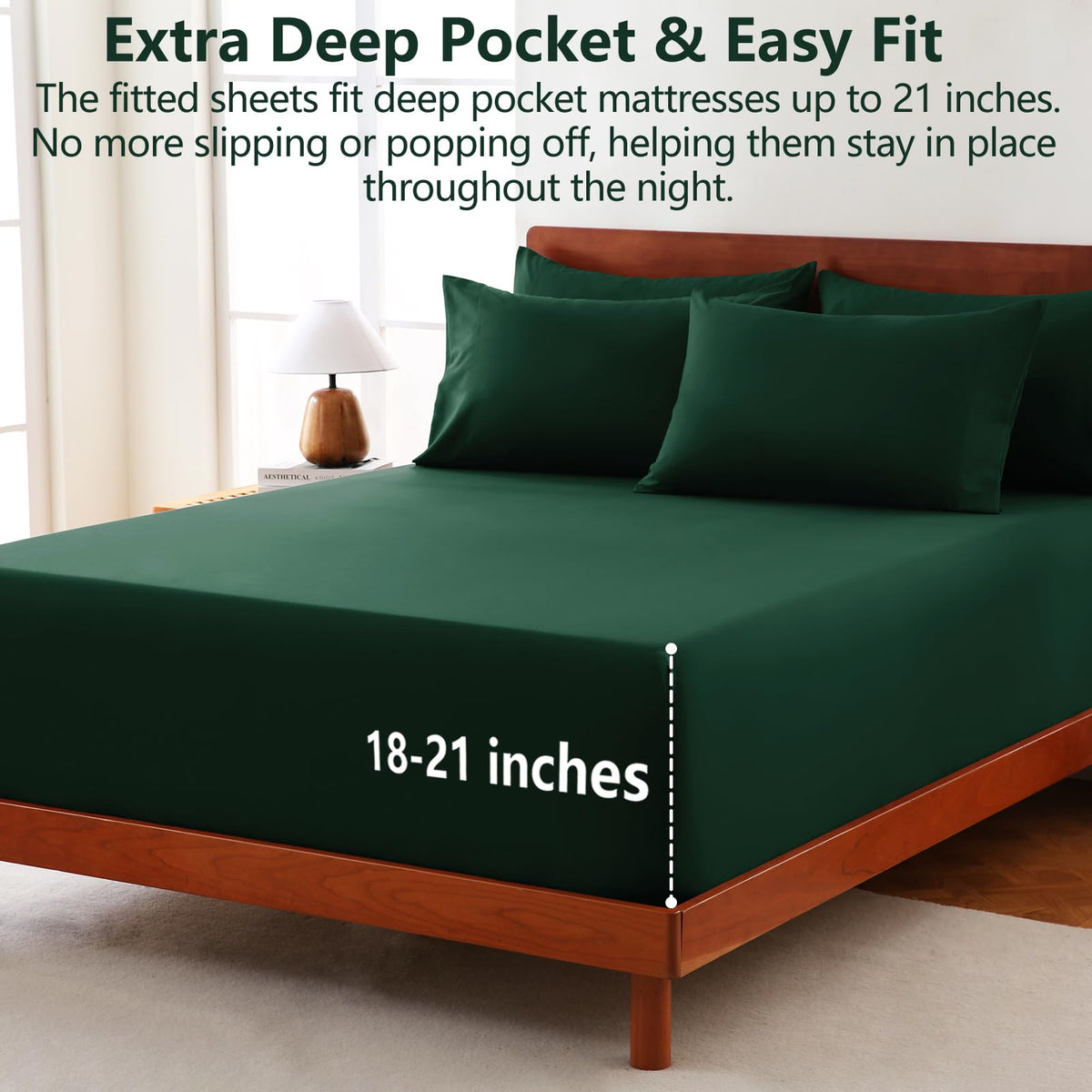 CozyLux emerald-green king sheets on bed showing snug fit and smooth surface.