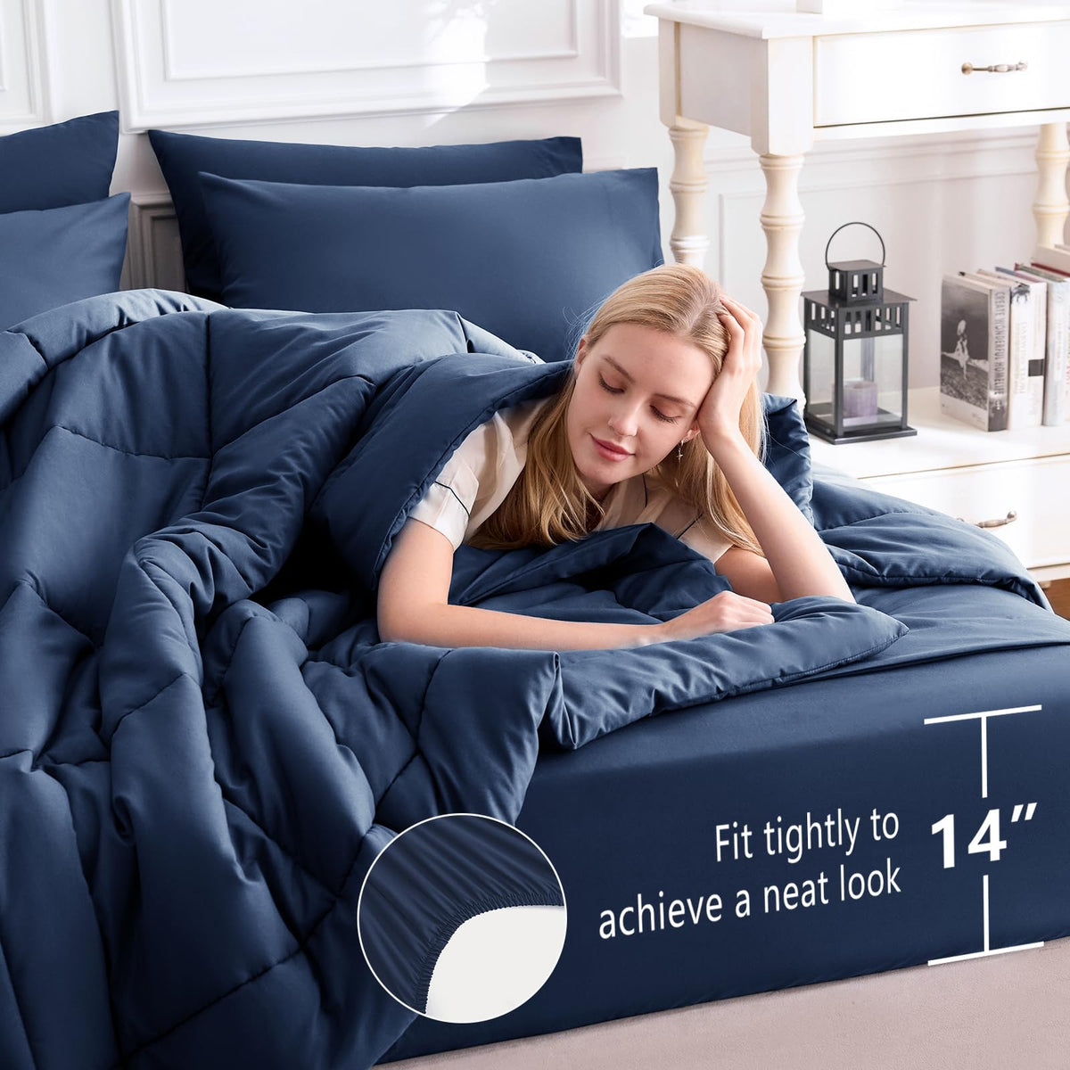 CozyLux fitted sheet navy with 14-inch deep pocket for secure fit.