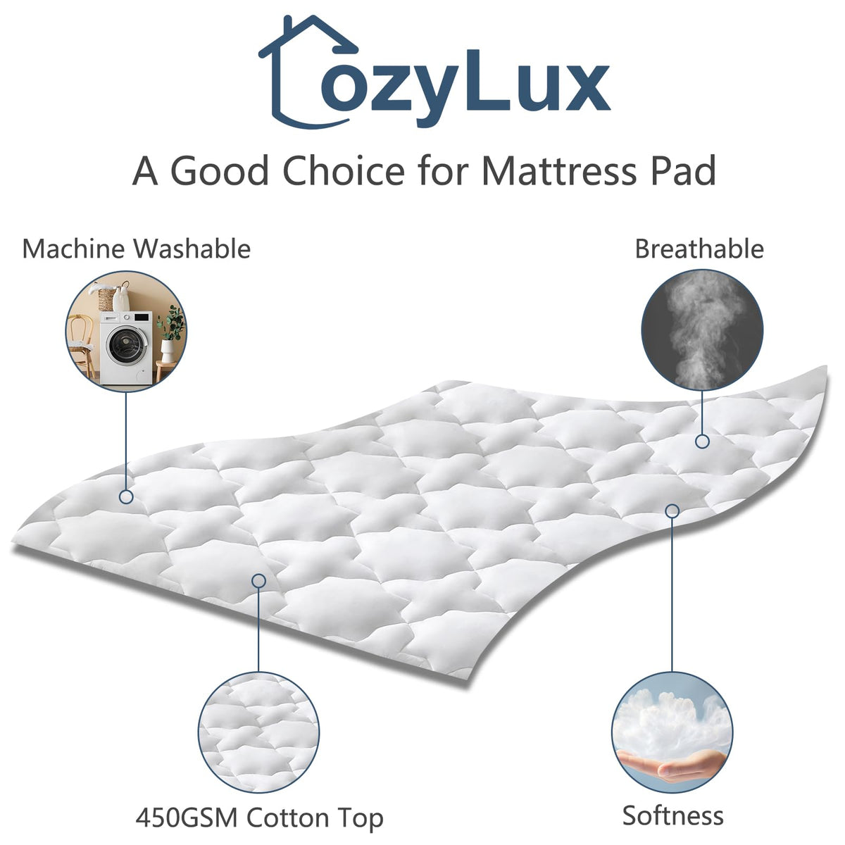 CozyLux King Mattress Pad fabric close-up highlighting skin-friendly cotton texture
